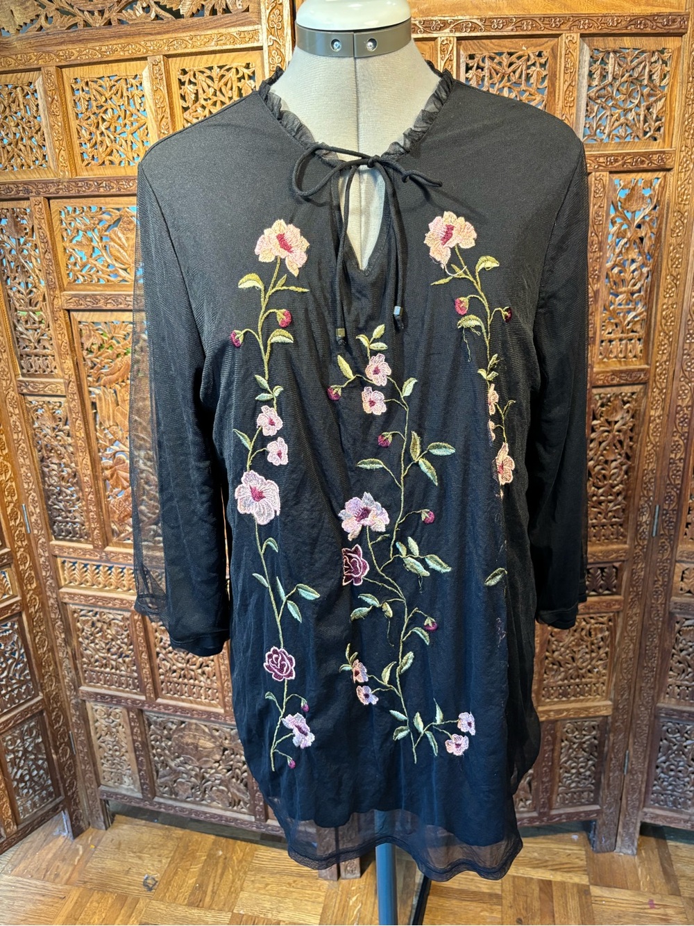 Chico's Black Tunic with Pink & Green Floral Embroidery